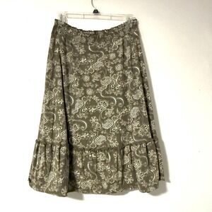 Charter Club Olive Green Cream Stretch Knit Skirt Ruffle Hem Women's‎ L Midi